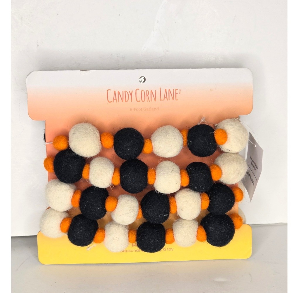 Candy Corn Lane Halloween Wool Felt Ball Garland 6 Foot Black Orange Cream NEW